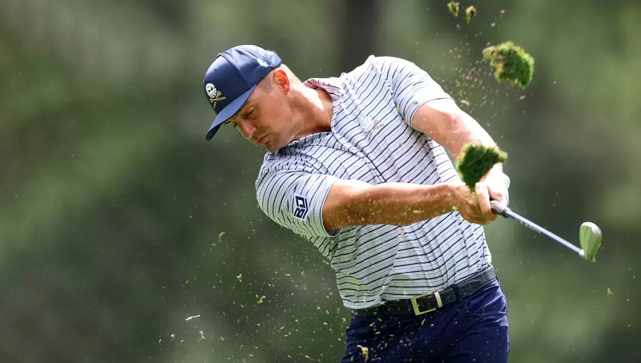 Bryson DeChambeau of the United States plays his shot from the fourth tee during the first round of the 2024 Masters Tournament at Augusta National Golf Club 