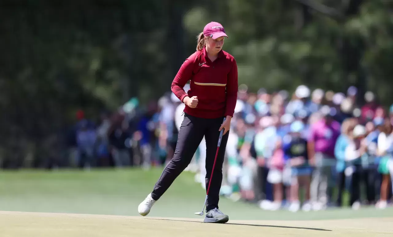 Lottie Woad of England reacts to her birdie on the 17th green during the final round of the Augusta National Women's Amateur at Augusta National Golf Club on April 06, 2024 in Augusta, Georgia